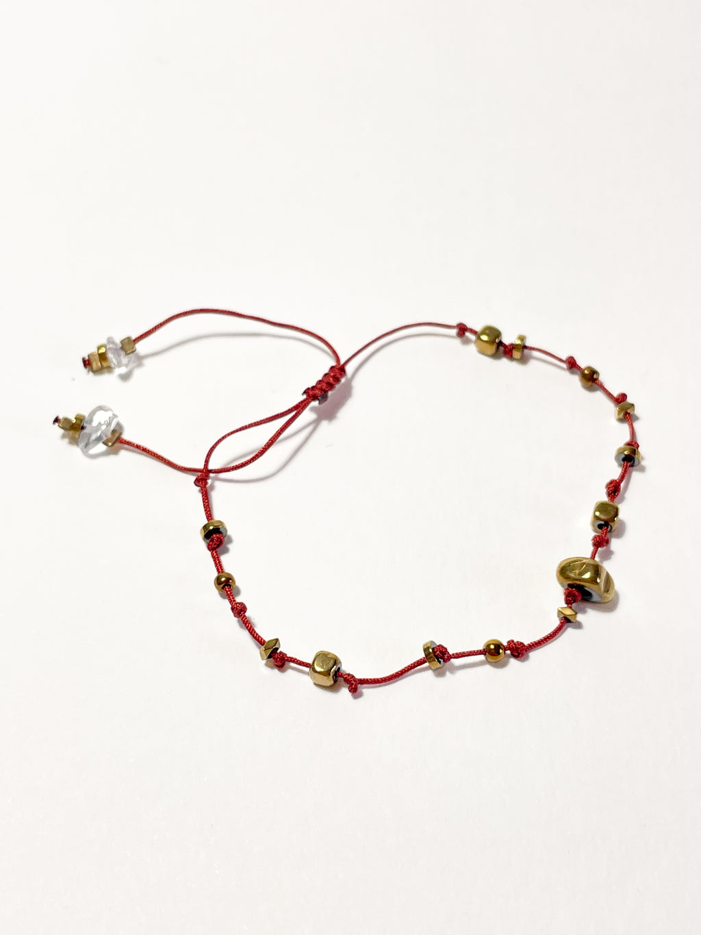 bracelet fin unisexe en hematite dorée, noeud coulissant bordeaux 